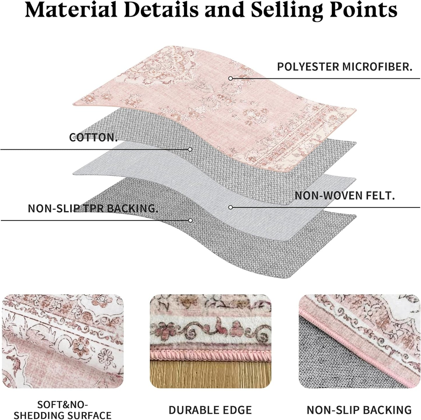 8x10 Area Rugs Washable: Oriental Soft Area Rug for Living Room Bedroom No Shedding - Low Pile Thin Carpet Rug for Dining Room Non Slip - Boho Vintage Rug for Home Decor - Soft Pink