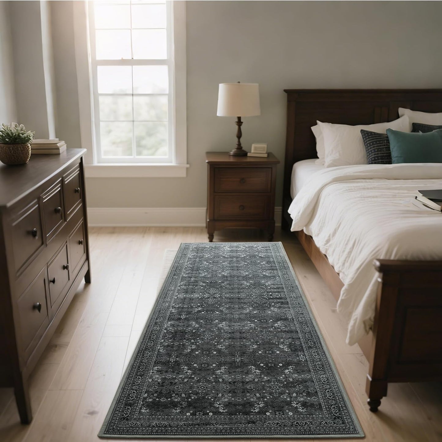 2x6 Washable Kitchen Runner Rug for Hallways, Non Slip Laundry Runners for Bathroom, Low Pile Rubber Backed Rugs for Entryway, Vintage Floral Carpet for Living Room Bedroom Black/Gray