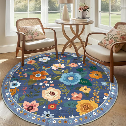 Floral 6ft Area Rug Machine Washable Soft Print Boho Carpet Non Slip Doormat Low Pile Flower Area Rugs for Living Room Bedroom Nursery Kitchen Dining Room Indoor-Blue/Grey