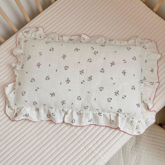 BuLuTu Beige Floral Toddler Pillowcase Muslin with Ruffles,Kids Girls Standard Pillow Cases Fit for Children Pillow Sized 16"x 22"/20"x 26", Envelope Closure, Primrose Pattern,1 Pack