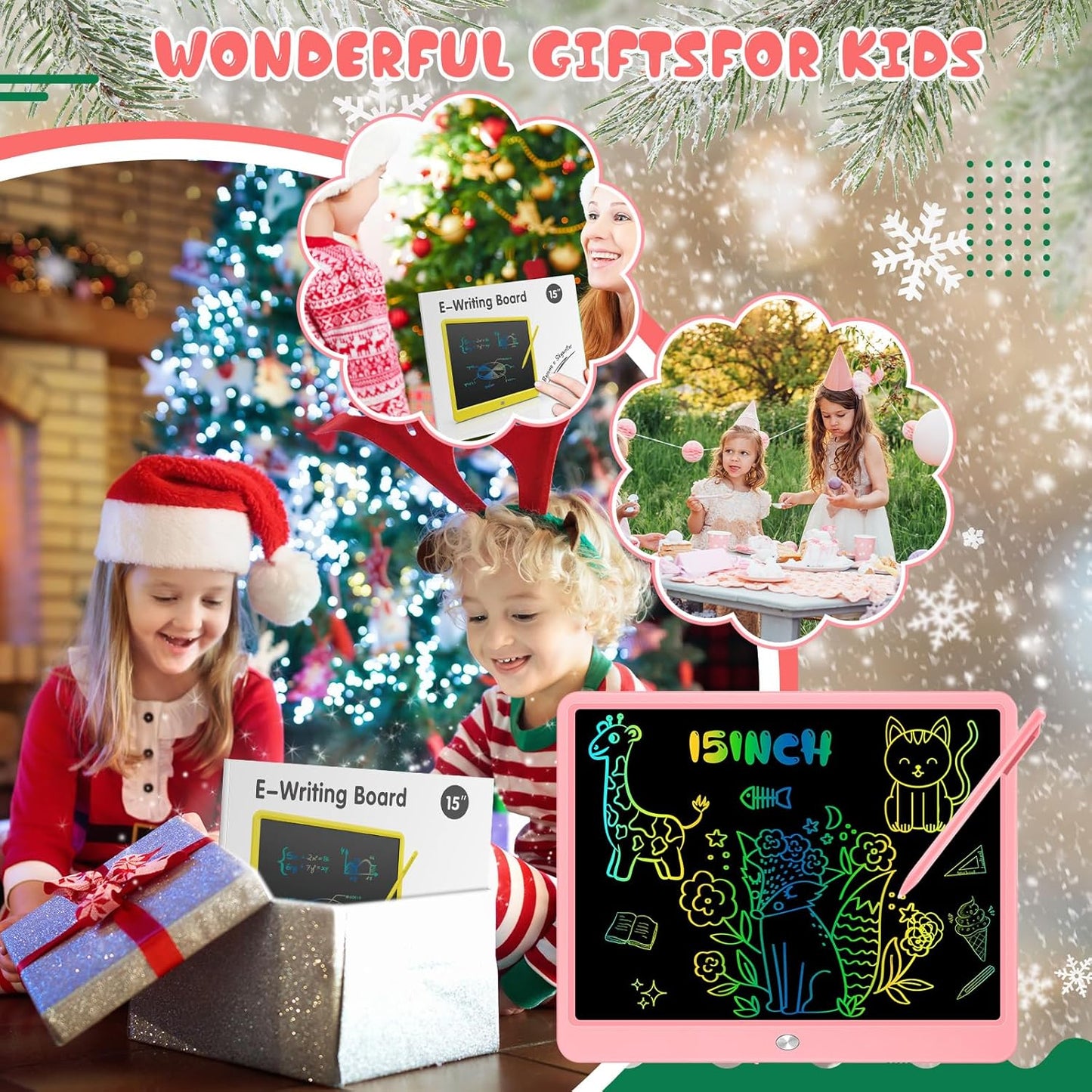 Decute Kids Toys LCD Writing Tablet with Stylus, 15 Inch Erasable Toddlers Doodle Board, Reusable Drawing Pad for Kids, Educational Christmas Birthday Gift for 3 4 5 6 7 8 Girls Boys Toddler Pink