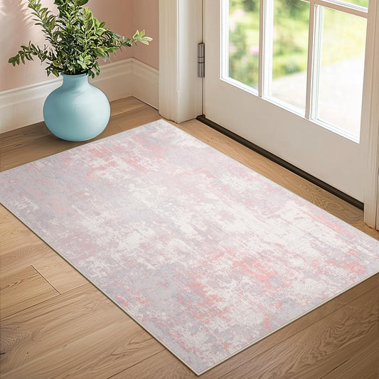 Washable Area Rugs 2'x3' Non-Slip Modern Abstract Soft for Living Room Entryway Bedroom Nursery, Print Pattern, Grey Pink