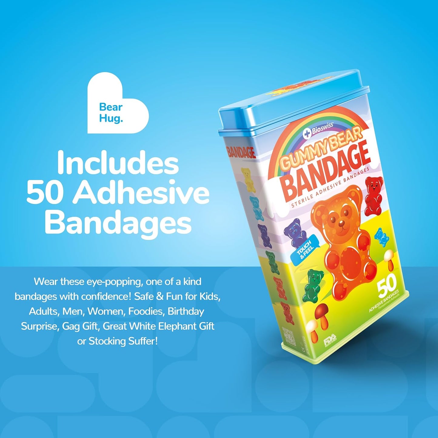 BioSwiss Bandages, Gummy Bear Shaped Self Adhesive Bandage, Latex Free Sterile Wound Care, Fun First Aid Kit Supplies for Kids, 50 Count