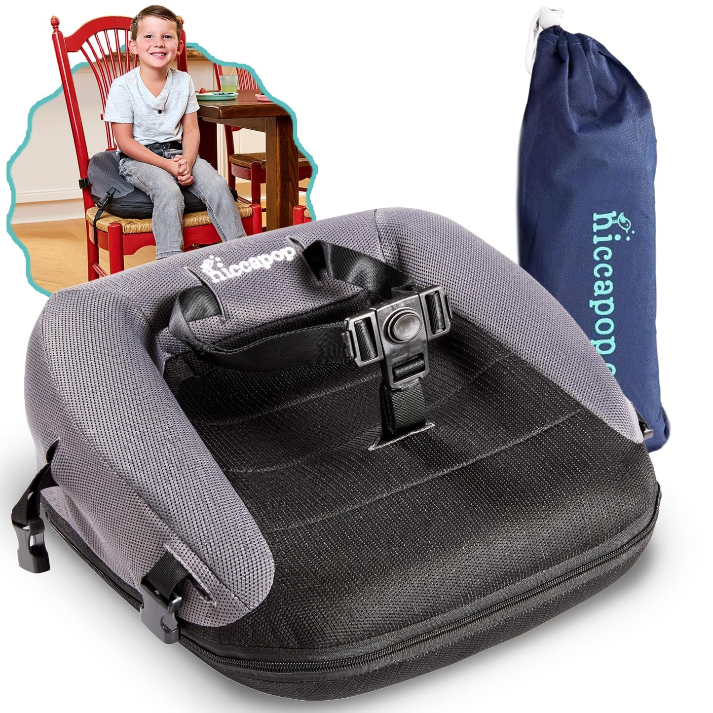 Hiccapop NeoBoost Inflatable Toddler Booster Seat for Dining Table – Portable, Quick-Inflate Design – Anti-Slip Base, Secure Straps, Easy-Clean – Perfect for Home & Travel, Black/Gray