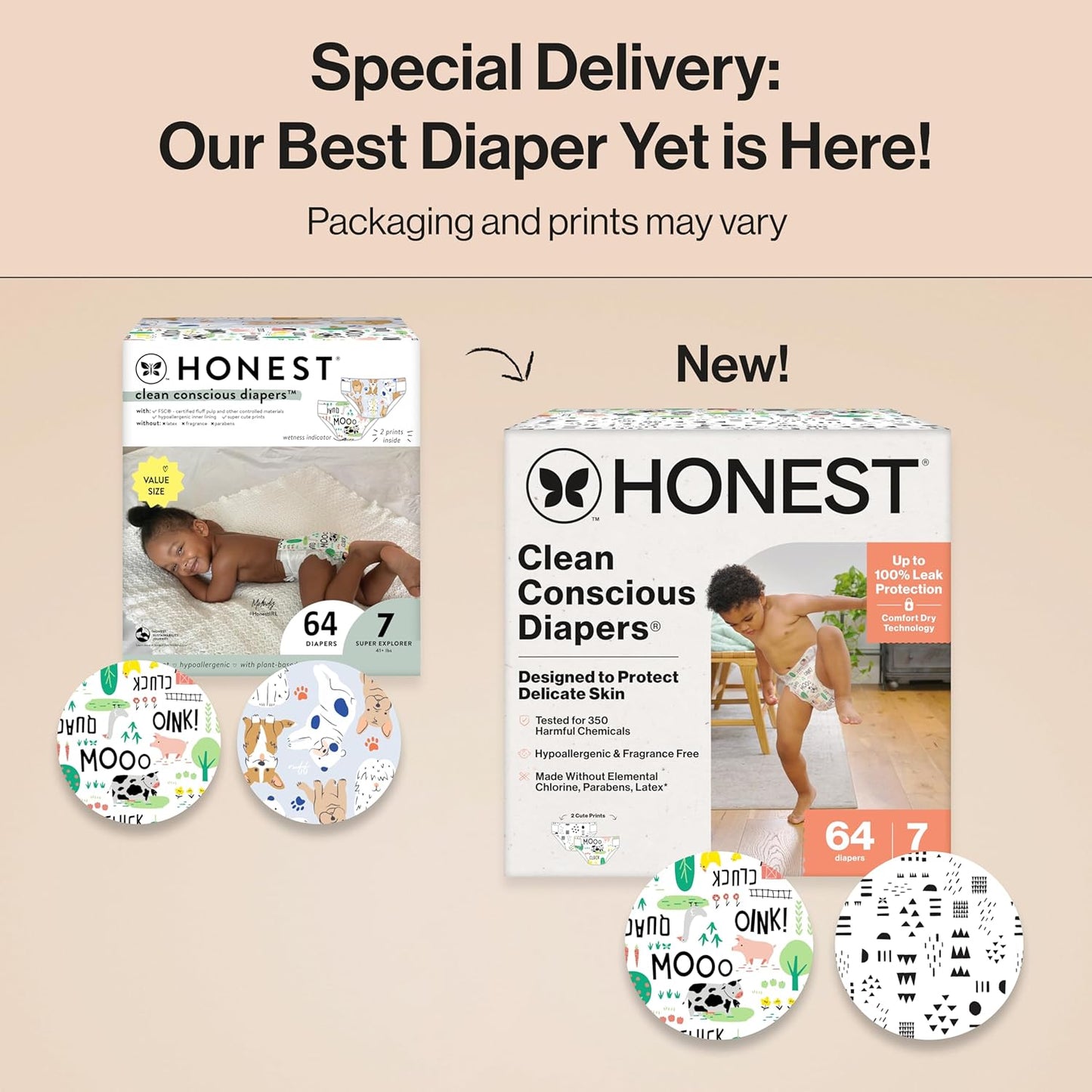The Honest Company Clean Conscious Diapers for Delicate Skin | Up to 100% Leakproof | Hypoallergenic, Fragrance Free | Gender Neutral | Super Club Box, Size 7 (41+ lbs), 64 Count (Prints May Vary)