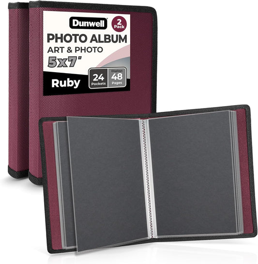 Dunwell Small Photo Album 5x7 (2-Pack, Ruby), Black Mounting Paper, 5 x 7 Photo & Art Portfolio Presentation Book, 24 Sleeves Display 48 Pages, Professional Picture Book for 5x7 Artwork, Postcards