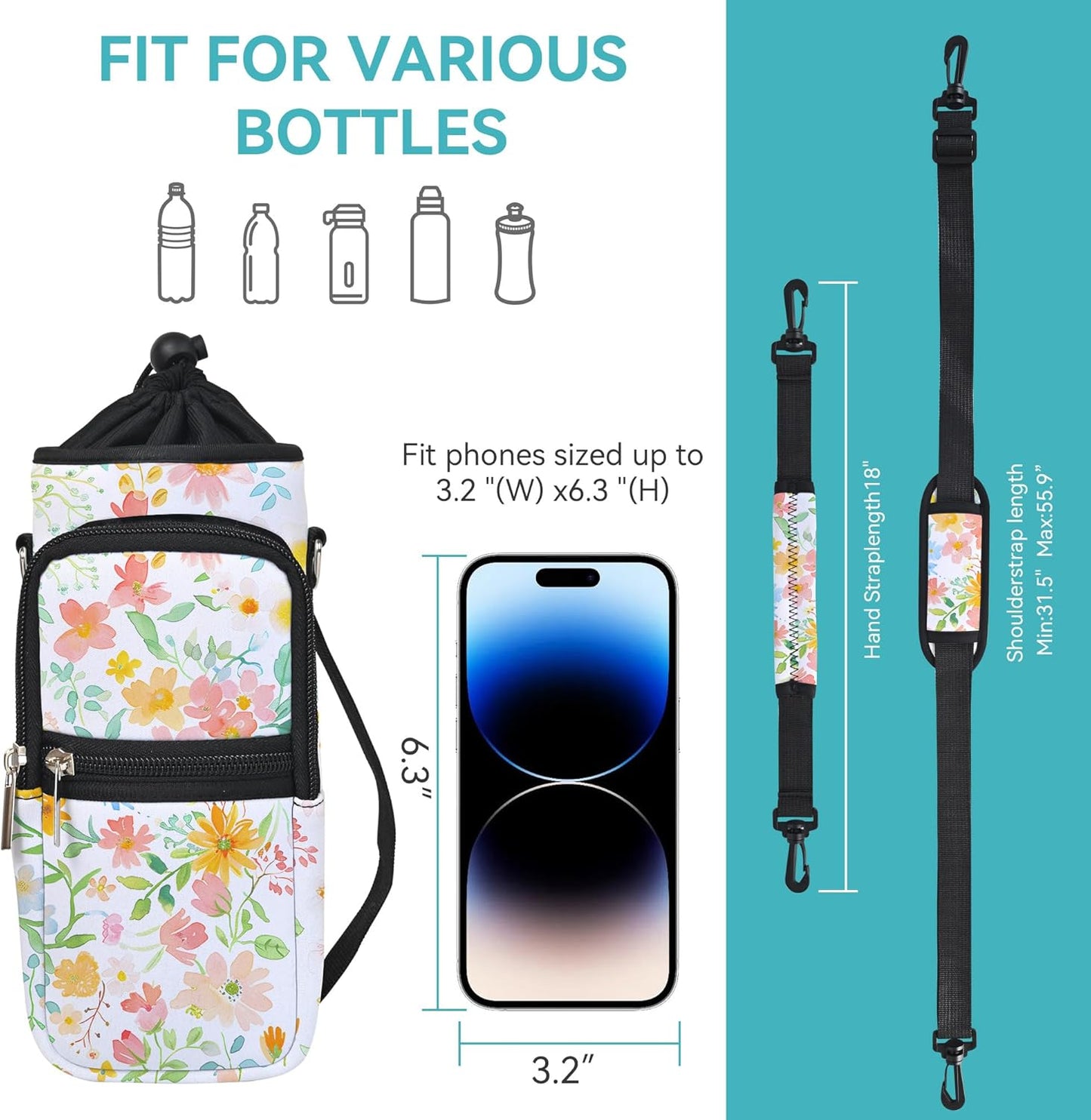 AUPET Water Bottle Sling Bag Sleeve Holder Carrier 25/32/40/64 oz,Insulated Crossbody Water Bottle Case Cover with Strap and Pockets for Men/Women Walking Hiking