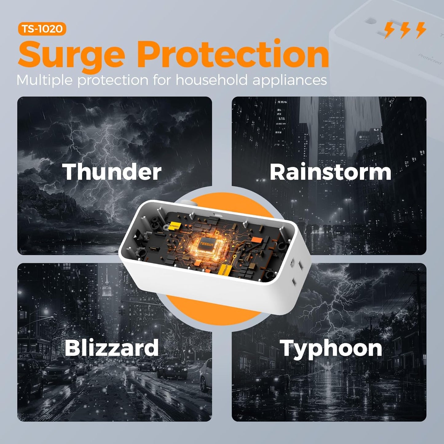 5FT Flat Extension Cord, TESSAN Surge Protector Power Strip with 4 Widely Spaced AC Outlets, 900 Joules Surge Protection, Ultra-Thin Flat Plug Desk Charging Station for Home Office Dorm Essentials