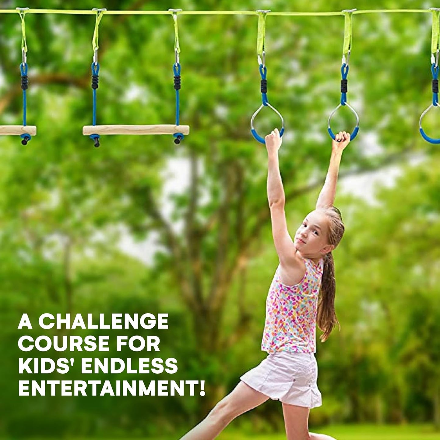 Flybold Obstacle Course for Kids - 40 Ft Ninja Warrior Slackline Kit with 8 Adjustable Obstacles - Tree Protectors, Twin Gear Ratchets, Carry Bag - Complete Outdoor Adventure Set