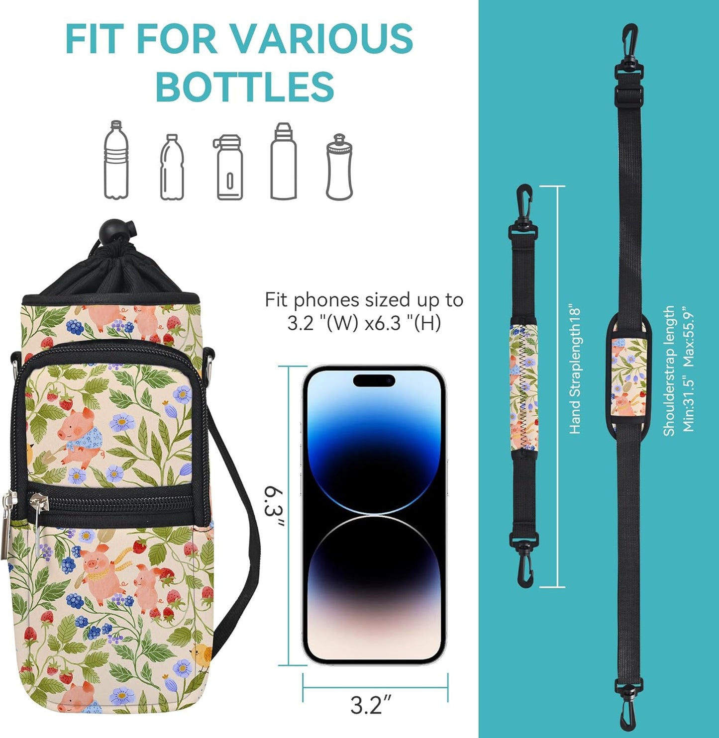 AUPET Water Bottle Sling Bag Sleeve Holder Carrier 25/32/40/64 oz,Insulated Crossbody Water Bottle Case Cover with Strap and Pockets for Men/Women Walking Hiking