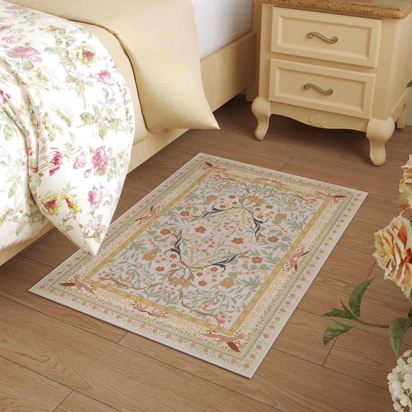 Door Mat Indoor Entrance 2x3 Rug Machine Washable Vintage Floral Botanical Small Area Rug Non-Slip Low Pile Throw Rugs for Entryway, Kitchen, Front Door Entrance, Entry, Kids Room, Yellow