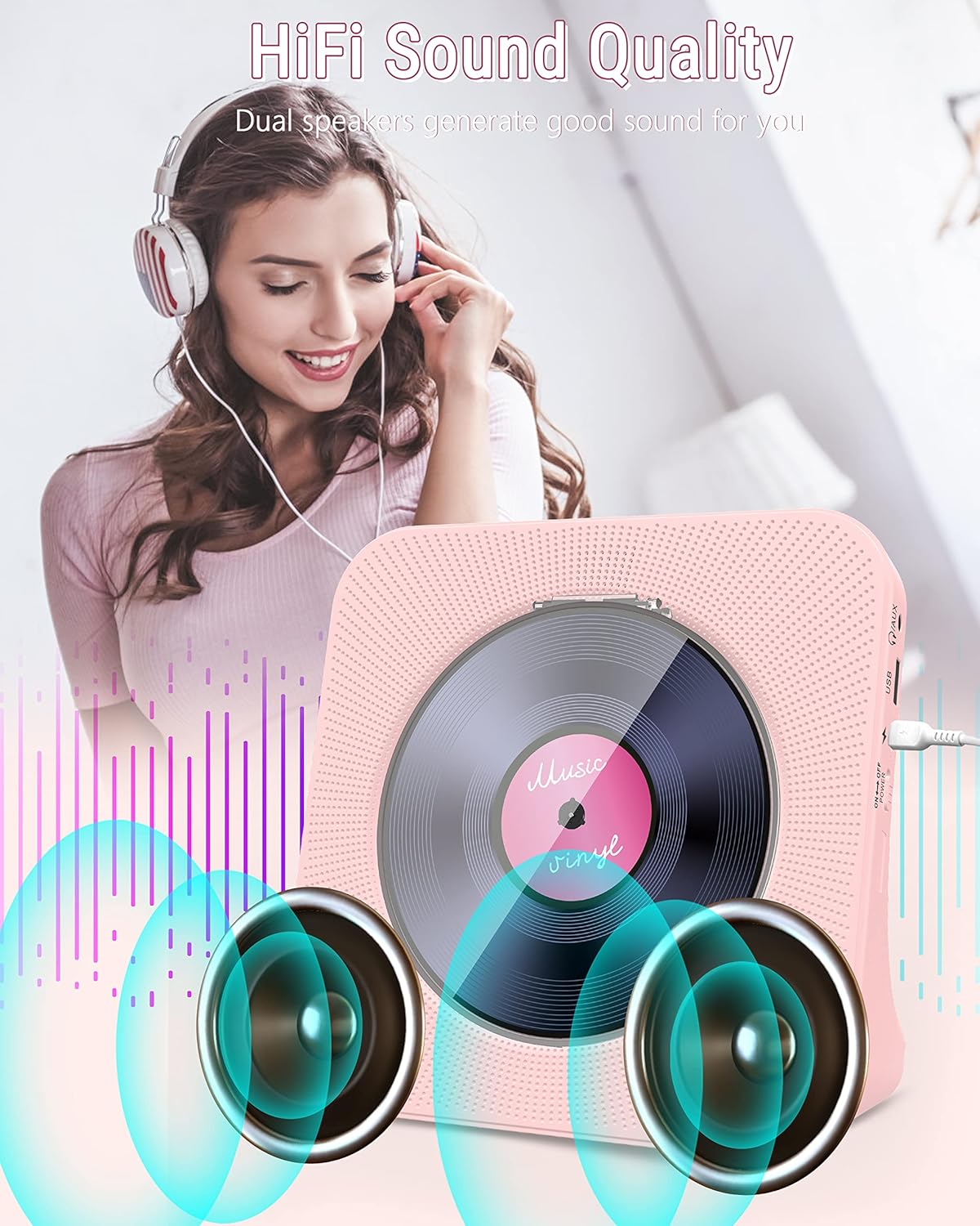 Greadio CD Player Portable with Bluetooth 5.0, HiFi Sound Speaker, CD Music Player with Remote Control, Dust Cover, FM Radio, LED Screen, Support AUX/USB, Headphone Jack for Home, Kids, Kpop, Gift
