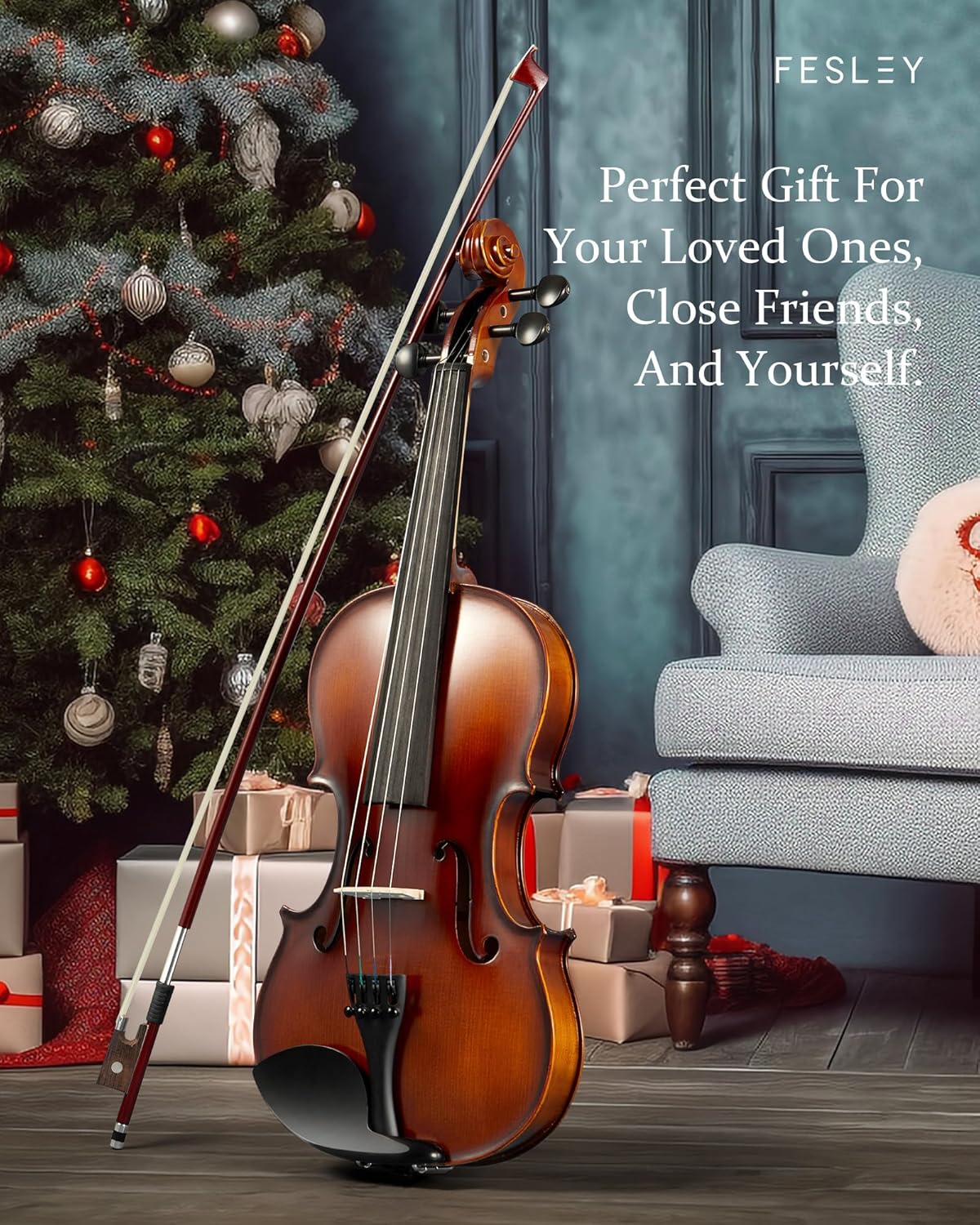 Fesley Violin Fiddle Full Set: 4/4 Matt Violin Kit for Beginners, Acoustic Violin with Hard Case, Solidwood Hand Made Starter Kit with Bow, Rosin, Shoulder Rest, Tuner, Extra Strings