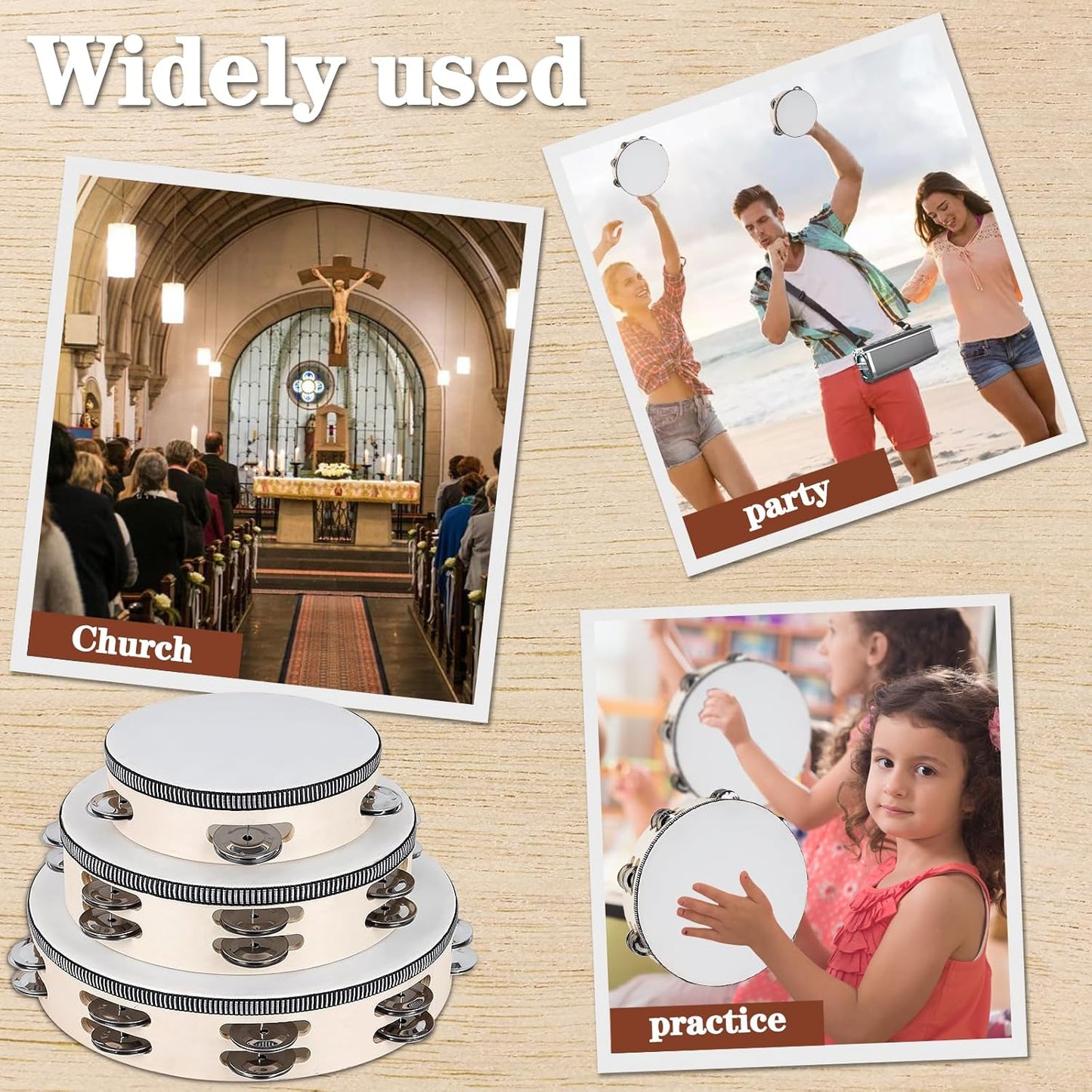 Wooden Hand Held Percussion Tambourine with Storage Bag - 6+8+10 Inches, Ideal for Church, Wedding, Party, Dance, Photo Shoot