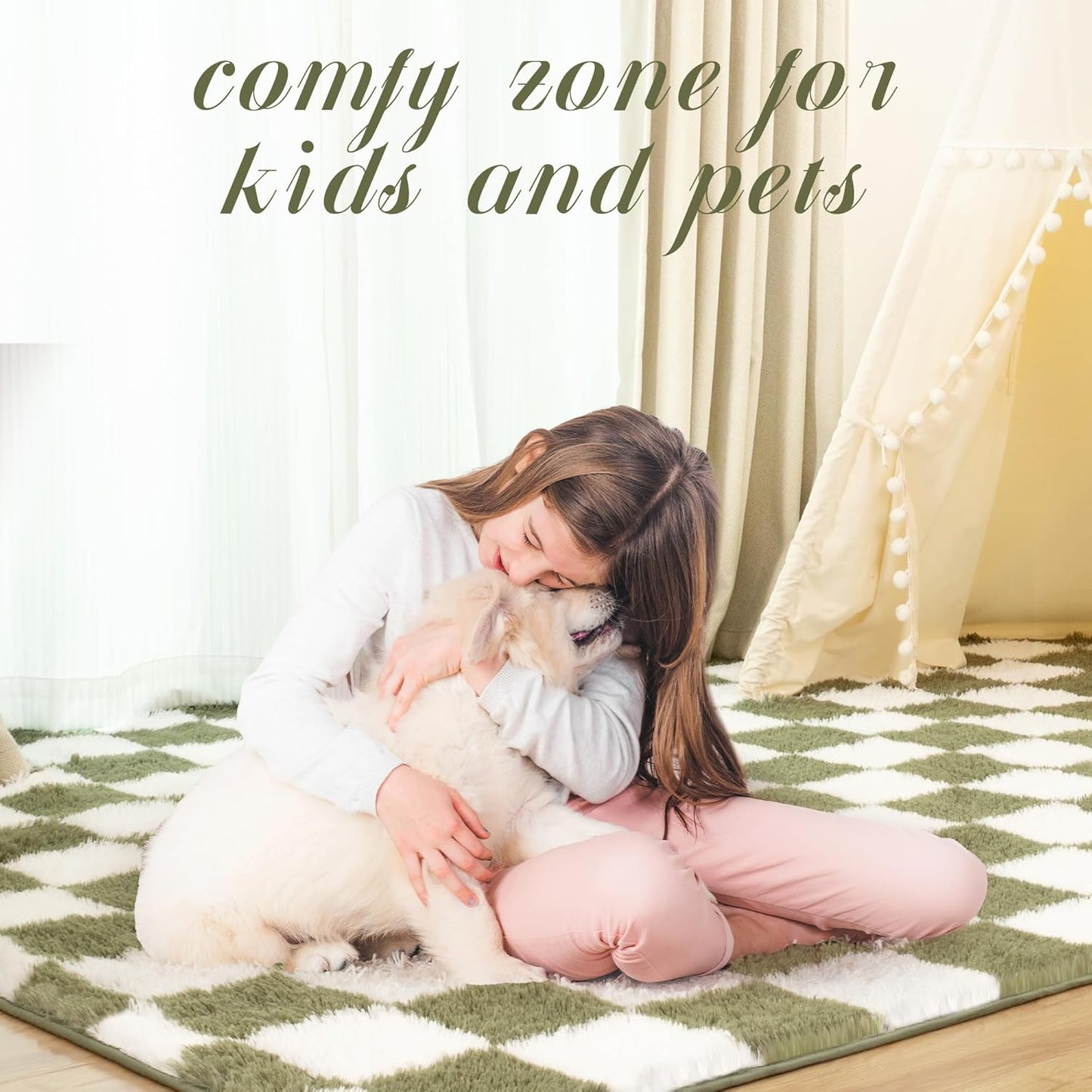 Super Soft Rug for Bedroom, 4x6 Ft Green and White Area Rug Classic Checkered Shaggy Anti-Skid High Pile Soft Fluffy Rug Fuzzy Carpet for Living Room Bedroom Kids Room Nursery, Dorm Home Decor