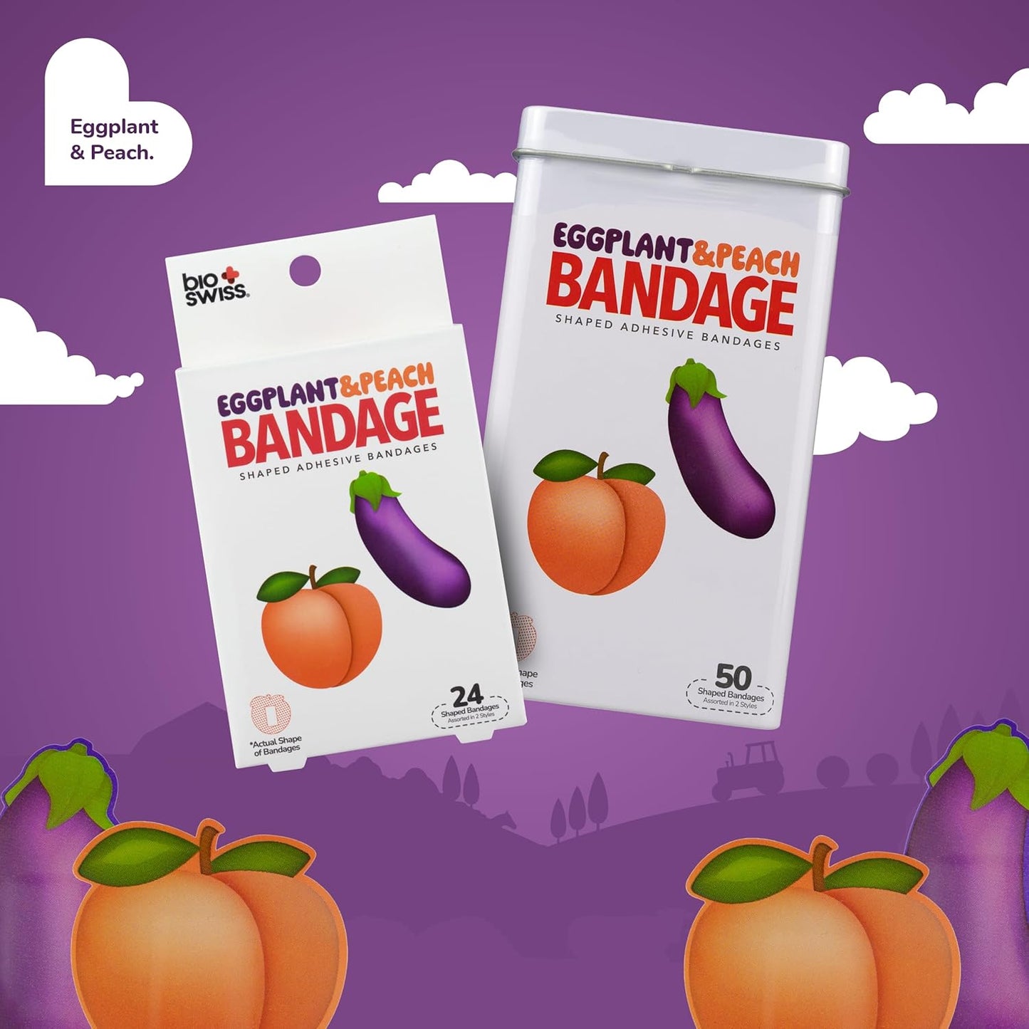 BioSwiss Bandages, Eggplant and Peach Shaped Adult Self Adhesive Bandage, Latex Free Sterile Wound Care, Funny First Aid Kit Supplies for Adults, 24 Count