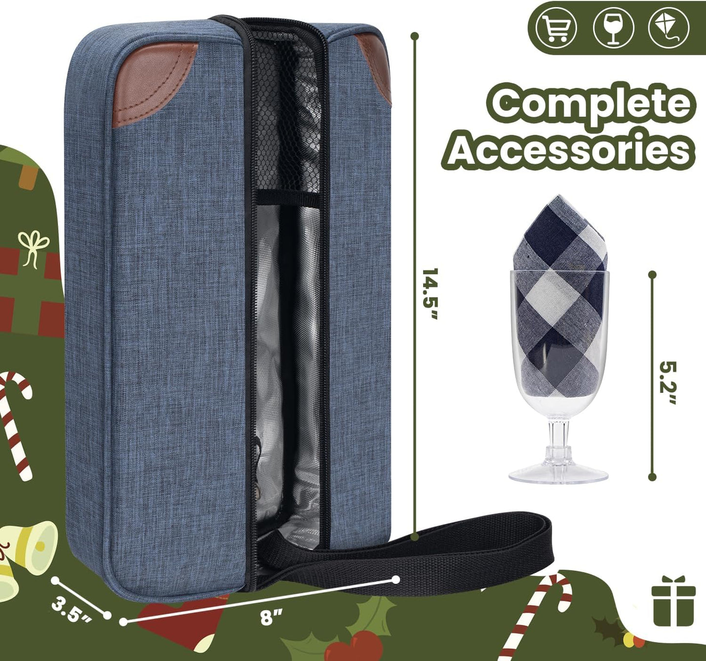 ALLCAMP Wine Bag - Insulated Cooler Bag with Wine Glasses, Bottle Opener & Wine Accessories for Wine Lovers - Portable Wine Gift Bag for Travel, Picnics, and Gift Ideas(Blue)