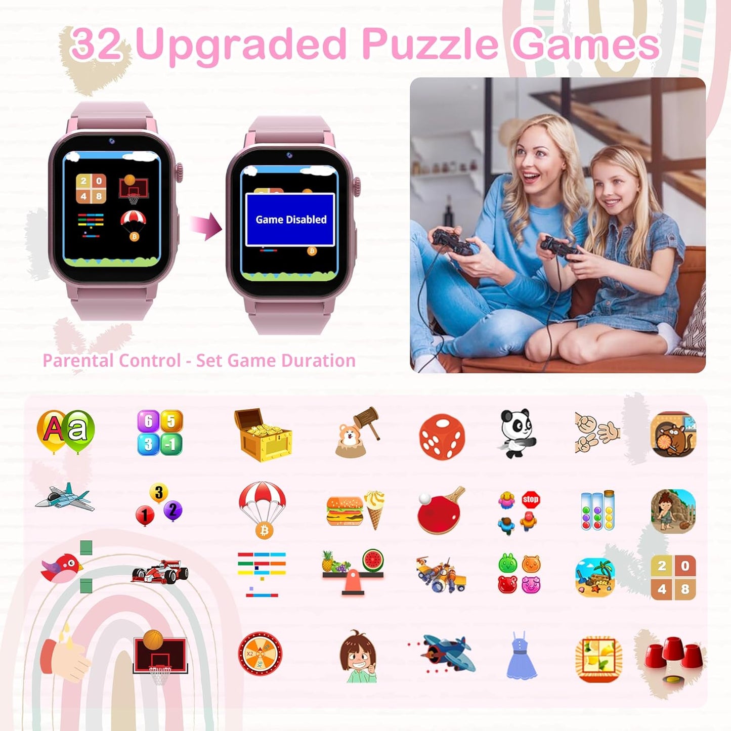 Kids Smart Watch for Girls Age 5-12, 32 Games HD Touch Screen Girls Watch with Camera Video Music Player Pedometer Flashlight 12/24 hr Gifts for 6 7 8 9 10 Year Old Girl Birthday Gift