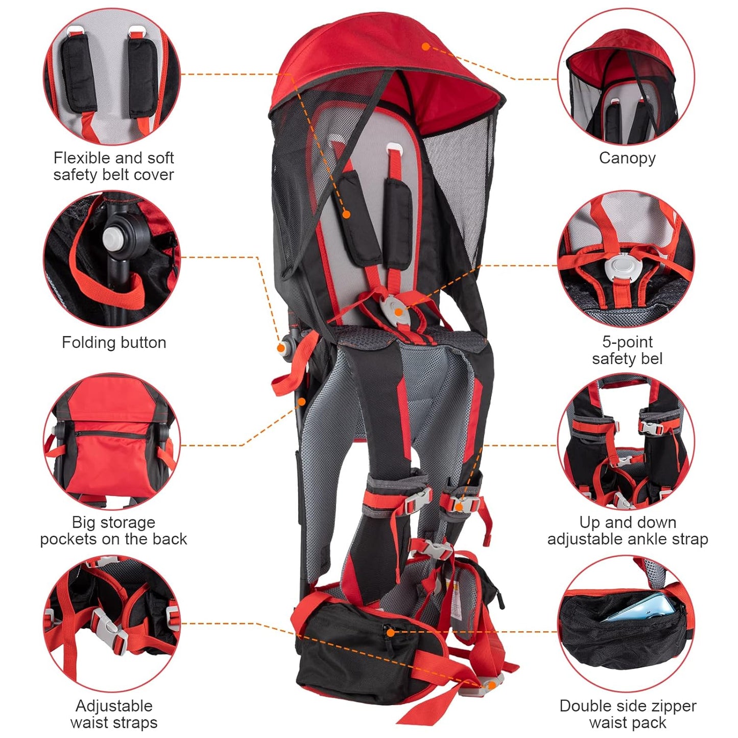 Baby Shoulder Carrier Baby Hiking Backpack Carrier with Rain Cover Sun Shade for Child Safe Backrest and Toddler Ergonomic Seat Holds 40 Pound for Children Between 6 Months-3 Years Old Babies