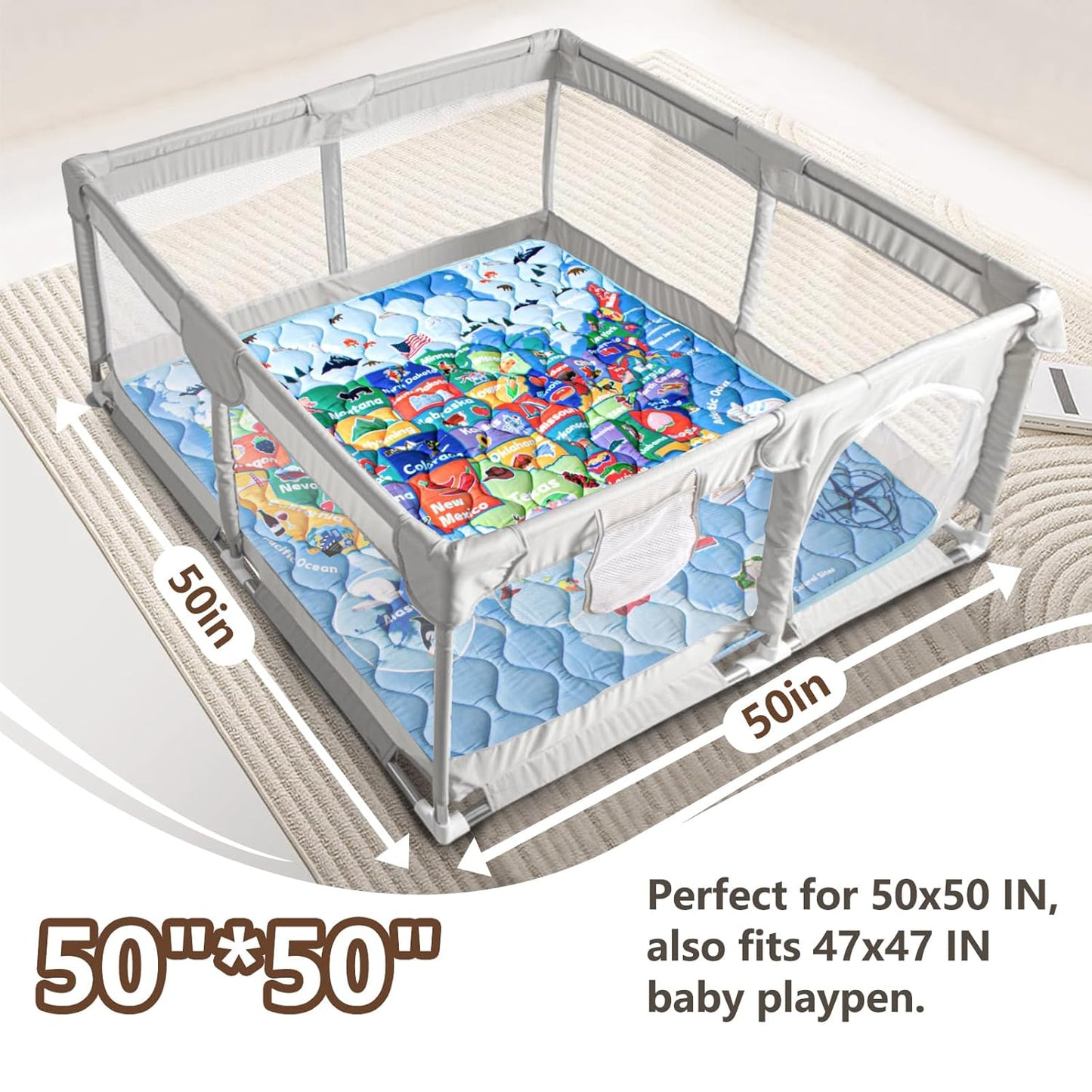 Baby Play Mat, 50x50 Playpen Mat with Super Soft Touch, Thick Activity Mat with Upgraded Anti-Slip Bottom, Machine Washable Crawling Mat for Floor & Picnic (Map)