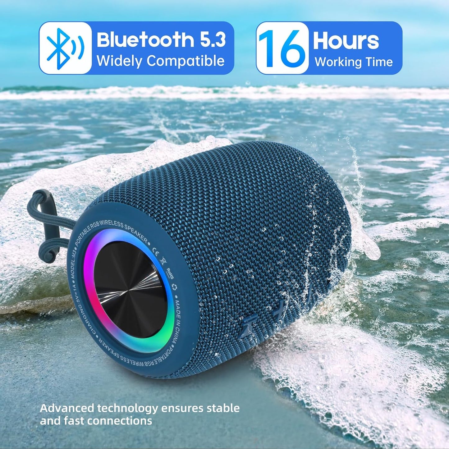 Portable Bluetooth Speaker, BT5.3 Wireless Speaker 20W Bass Diaphragms with Multi LED Light Dynamic Modes, IPX6 Waterproof 16H Playtime supports FM Mode, TF, USB for Home, Cycling, Outdoor, Beach