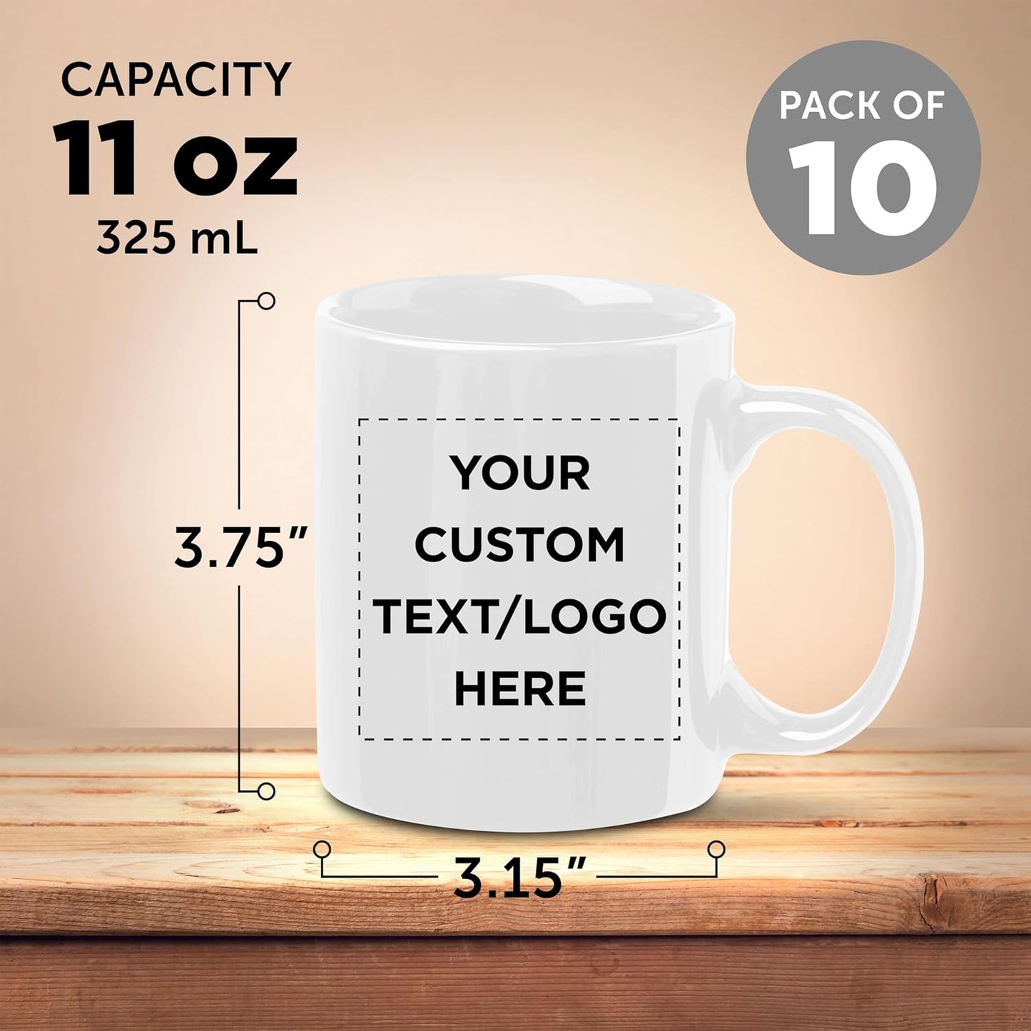 Custom Ceramic Coffee Mugs 11 oz. Set of 10, Personalized Bulk Pack - Coffee cup set, Iced coffee cup, Gaming mug - Creamy White
