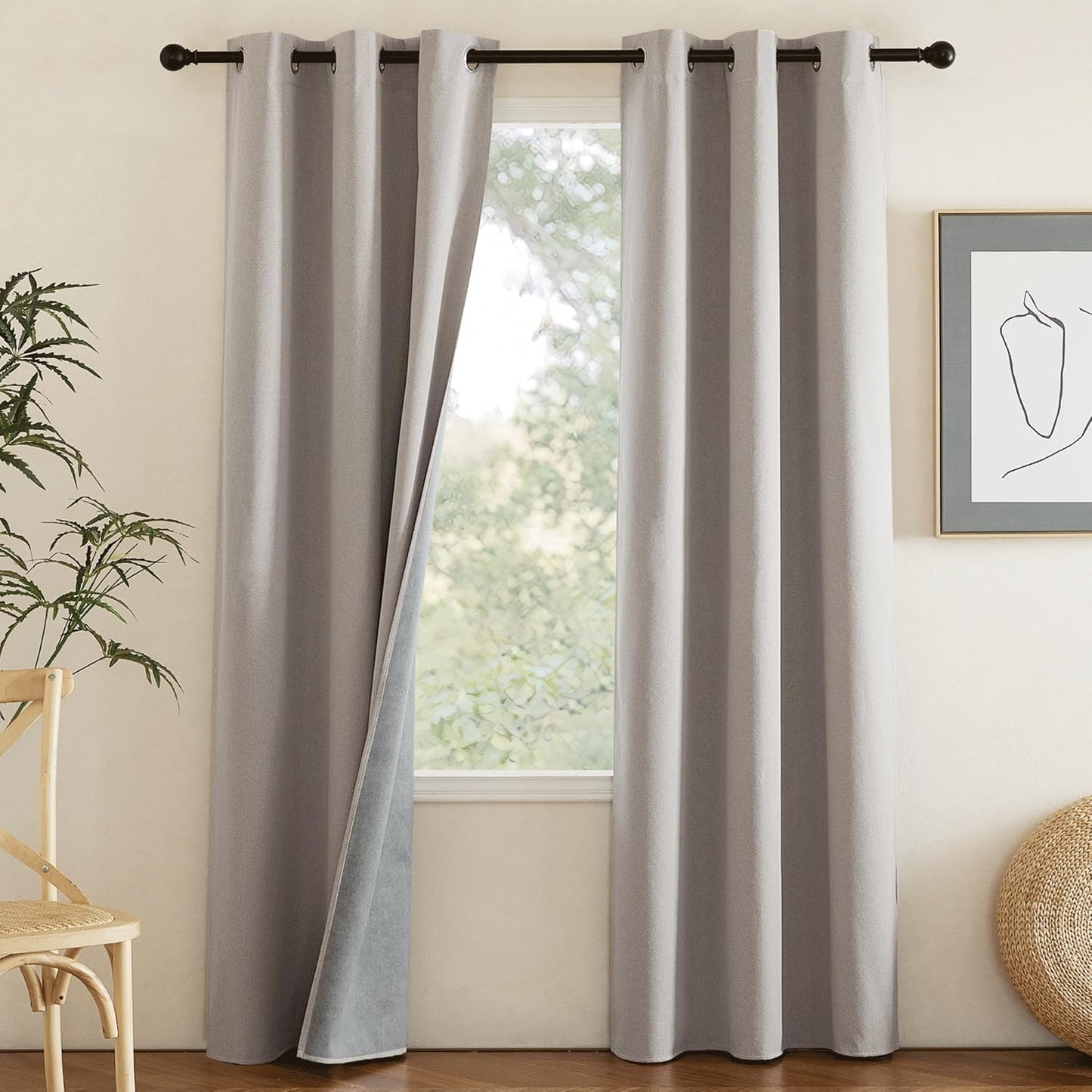 NICETOWN Natural Full Blackout Boho-Chic Faux Linen Curtains 84" Long 2 Panels Set for Cafe Window, 42" Wide, Thick Faux Linen Blend Drapes, Insulated Window Covers Draperies with White Backing