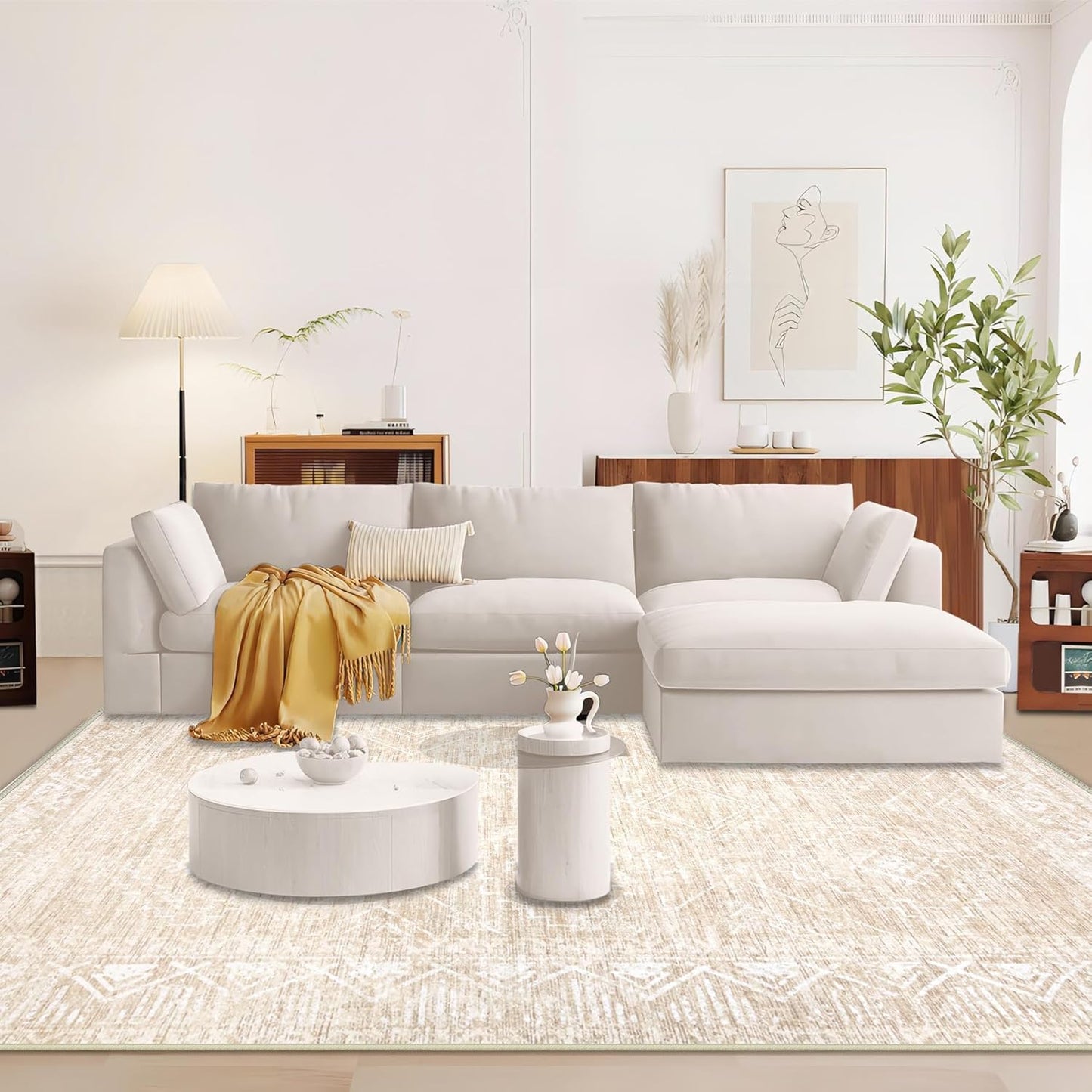 Moroccan Large Area Rug 6x9 - Soft Machine Washable Geometric Boho Distressed Farmhouse Rug Morden Stain Resistant Indoor Floor Carpet for Bedroom Dining Table Nursery Home Office (6 x 9, Beige)