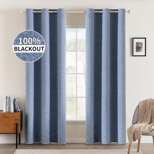 MIULEE Linen Blackout Curtains and Drapes 100% Room Darkening Thermal Insulated Grommet Window Panels with Coating 2 PCs W 42 x L 84 inches Stone Blue