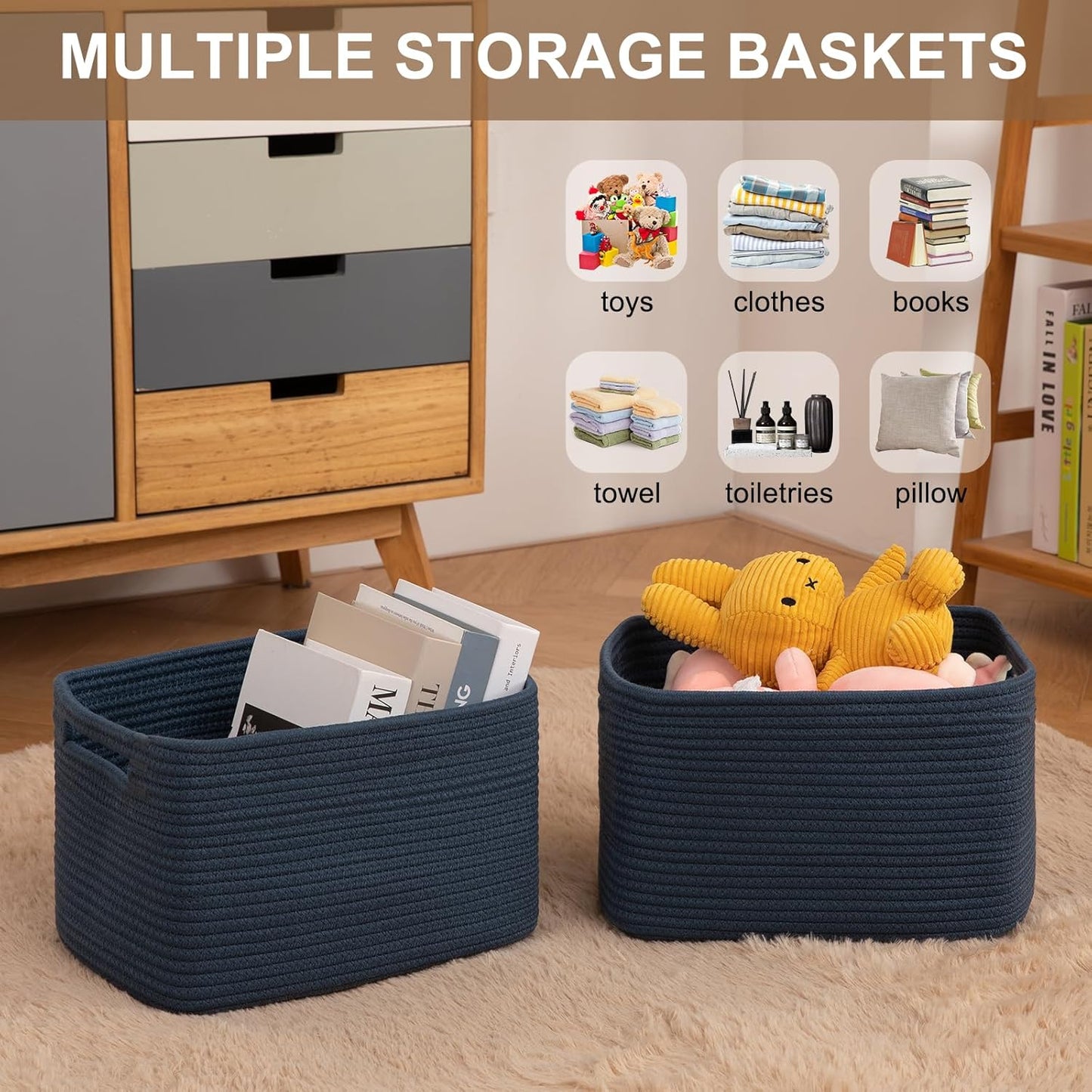 Storage Baskets for Organizing, Woven Decorative Baskets for Shelves - Books, Towels, and Clothes, Cotton Rope Toy Storage Bins, 12.7''Lx9''Wx7.8''H, Pack of 4, Blue