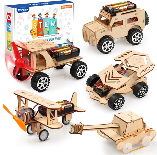 Poraxy 5 in 1 STEM Kits for Kids Age 8-10, Science Building Project Craft for 8-13, Model Car Kit, STEM Toys for Boys Girls Age 8-12, Wooden 3D Puzzles, Birthday Gifts for 6 7 8 9 10 11 12 13 Year Old