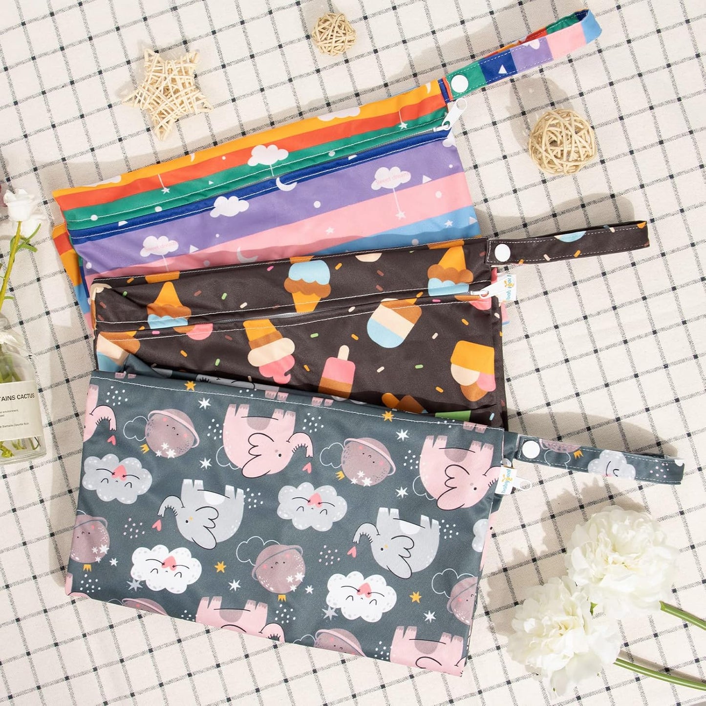 babygoal Wet Dry Bags 3 Pack for Baby Cloth Diapers, Washable Travel Bags, Beach, Pool, Gym Bag for Swimsuits & Wet Clothes with Two Zippered Pockets 3LN27