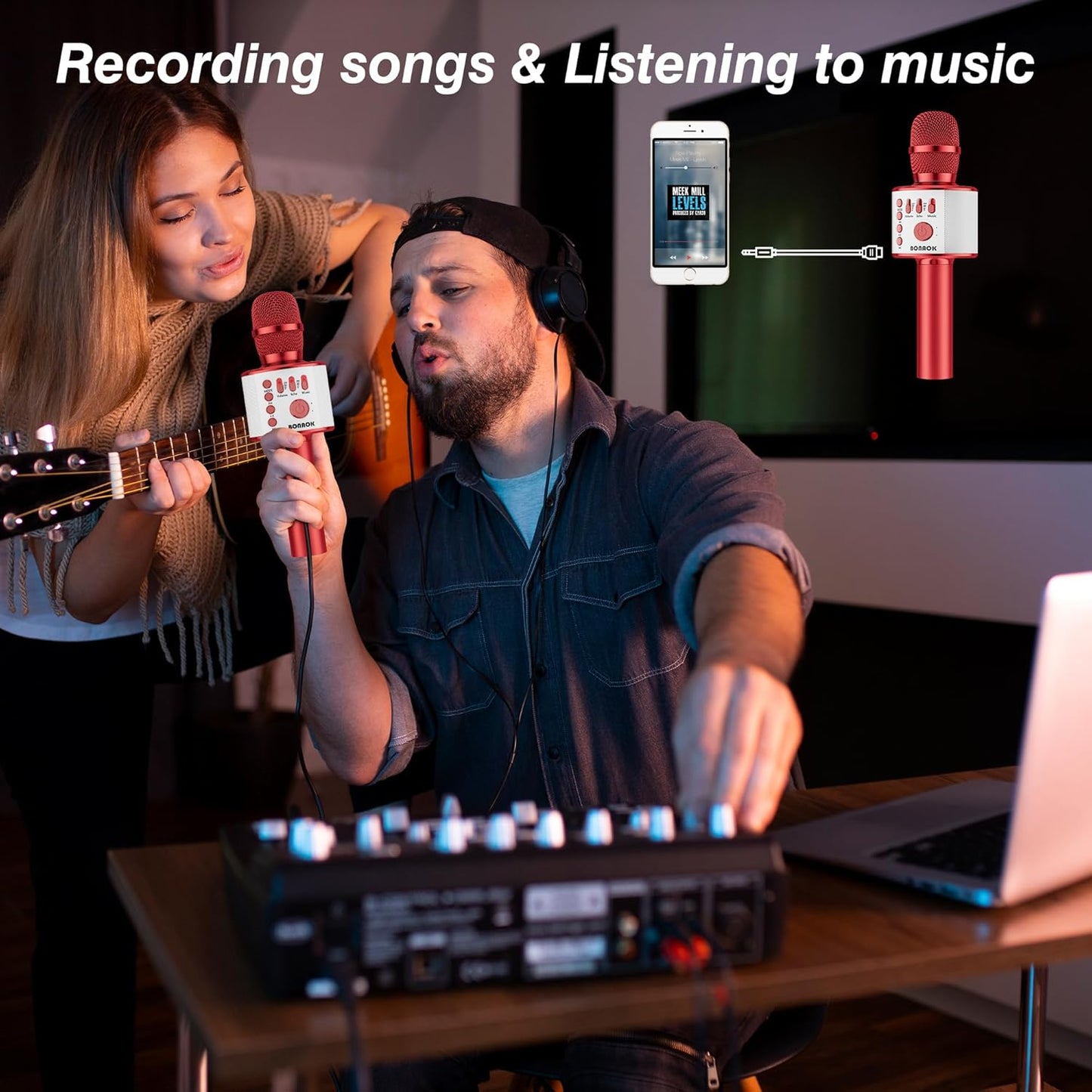 BONAOK Wireless Bluetooth Karaoke Microphone,3-in-1 Portable Handheld Mic Speaker Machine Birthday Home Party for PC or All Smartphone(Q37 Red)