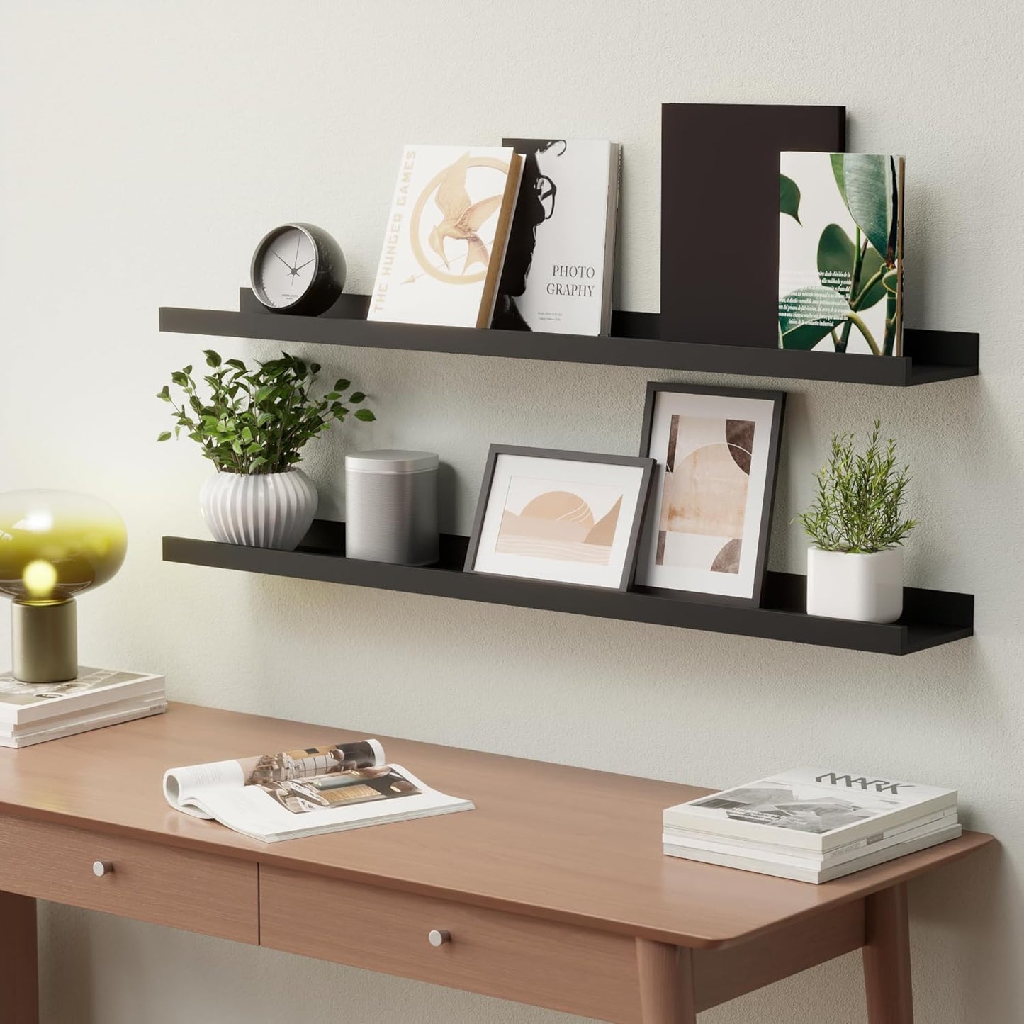 35.4 Inches Long Floating Shelves Wall Mounted, 2 Set Modern Black Wall Shelf for Bedroom, Nursery Book Shelf with Lip, Picture Ledge Shelf for Wall Decor Living Room Bathroom Kitchen- Black