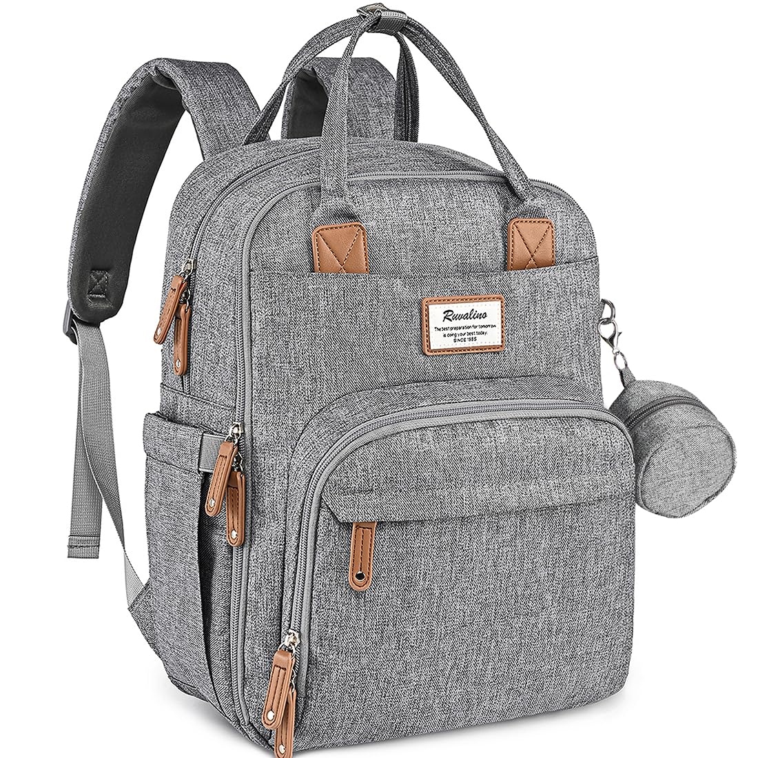RUVALINO Diaper Bag Backpack-Expandable Baby Bag with up to 50% Capacity -Baby Essentials Bag with Changing Pad Insulated Bottle Holders & Pacifier Case, Waterproof, Gray XL