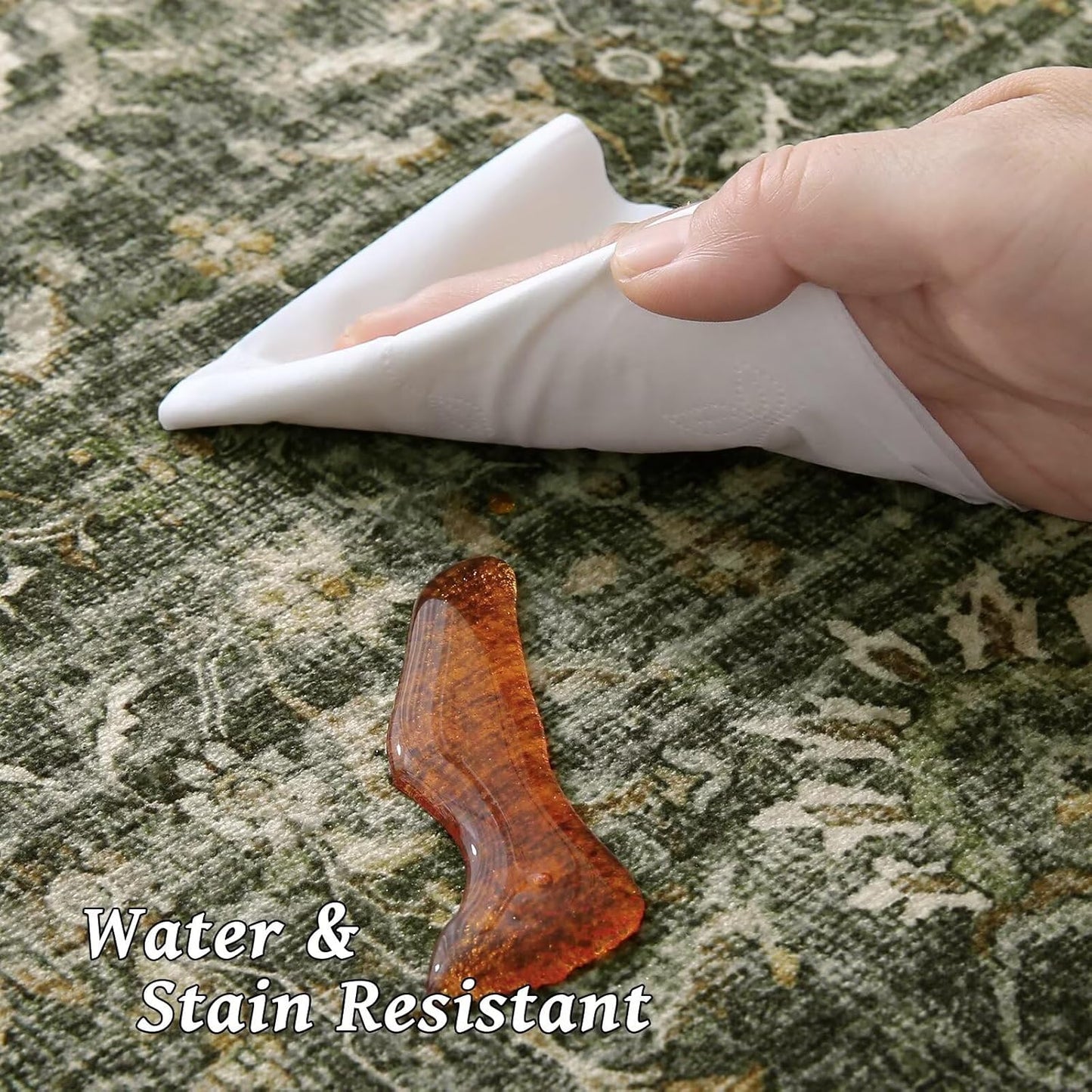 Washable 8x10 Area Rugs for Living Room, Boho Non-Slip Silicone Backing Rugs for Bedroom Dining Room Nursery Office, 0.3" Neutral Oriental Throw Carpet with 0.16" Cushioning Pad, Grass Green/Multi