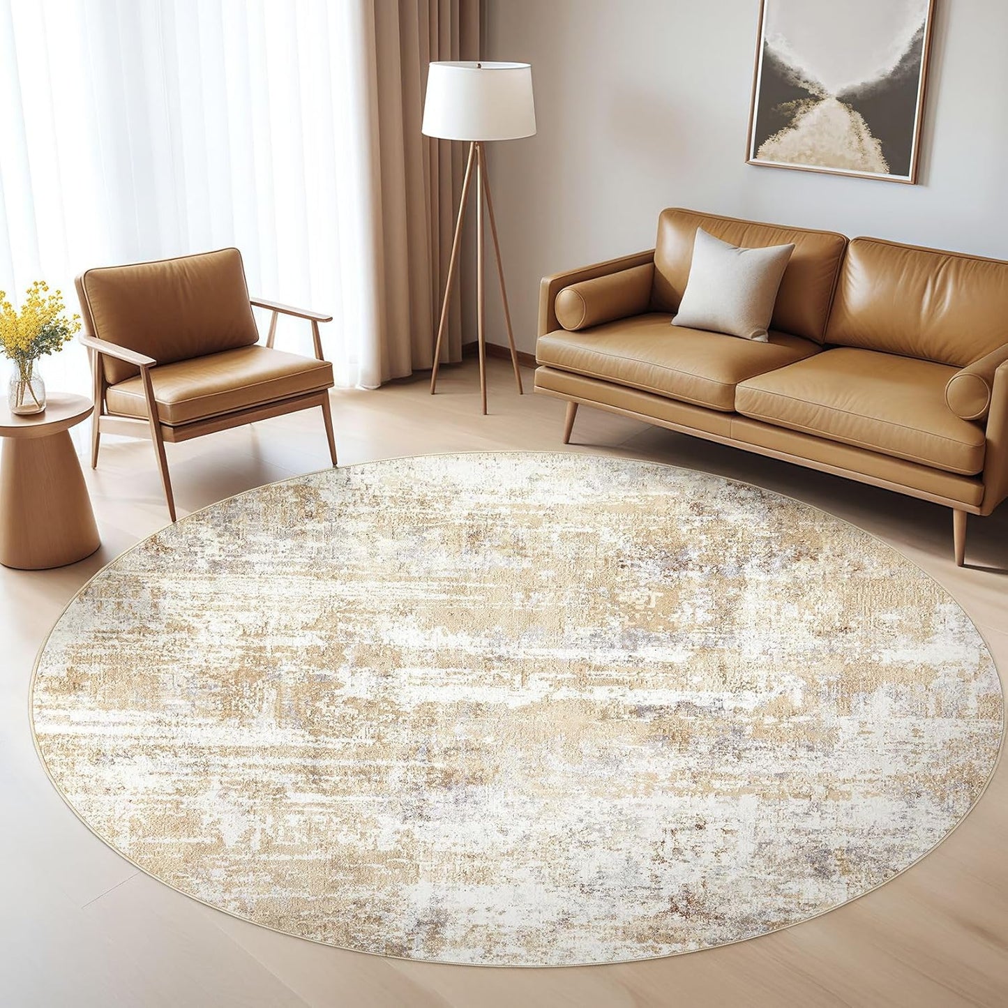 Round Rug Living Room Rugs: 5Ft Washable Circle Large Abstract Modern Soft Stain Resistant Non Slip Indoor Floor Carpet for Bedroom Nursery Office Dining Room Dorm Home House Decor- Gray Gold