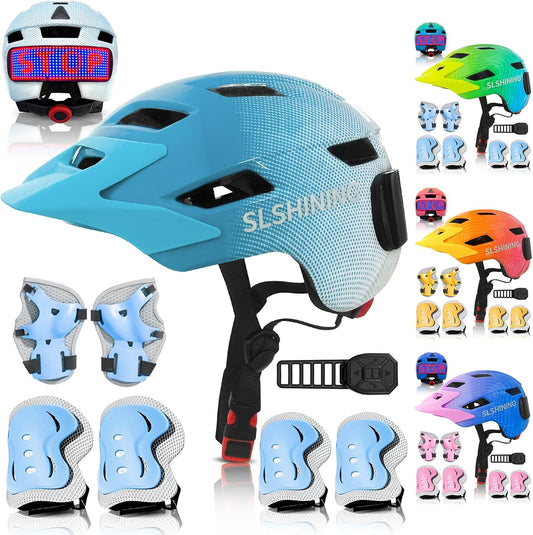 Kids Bike Helmet Toddler Helmet for Boys Girls Youth Kids with LED Lights Bicycle Helmets with Protective Gear Set Knee Elbow Wrist Pads for Cycling Skateboard Scooter Skating (Fits 20.5-22in)