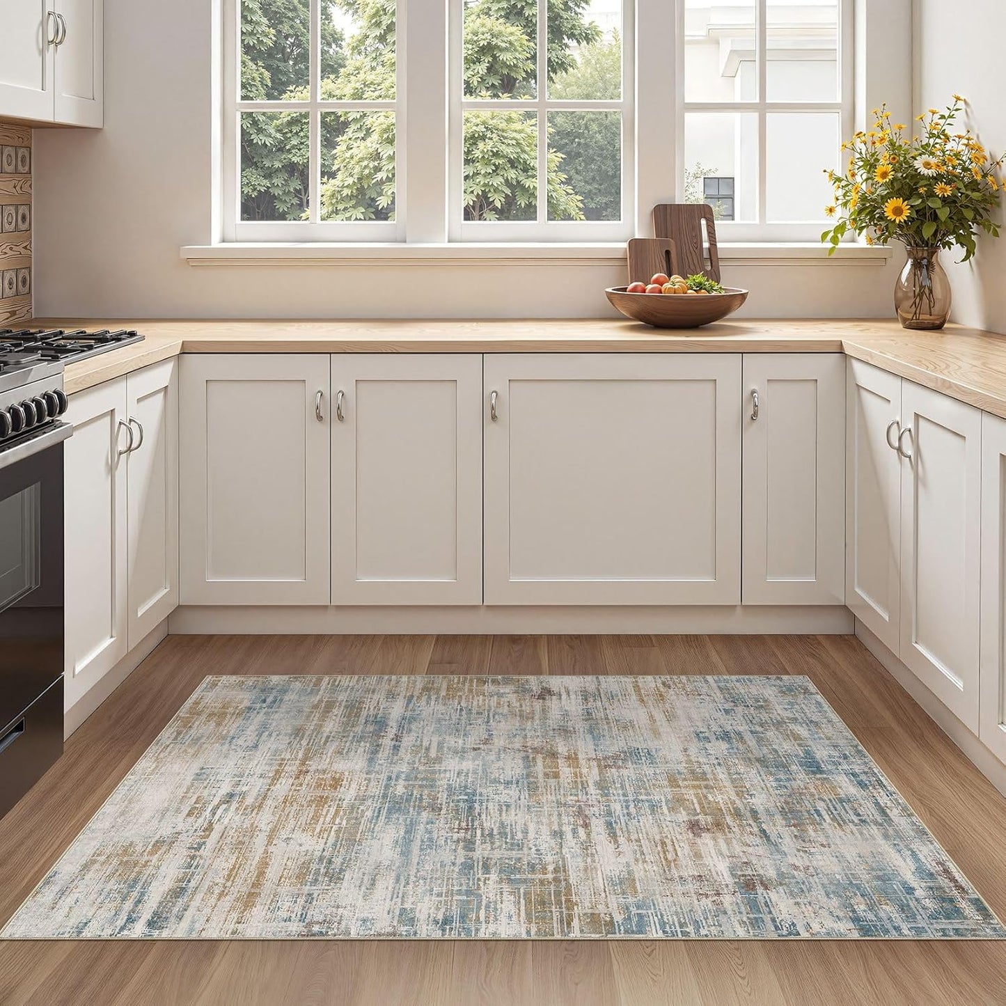 Area Rug for Living Room: 3x5 Washable Neutral Abstract Modern Soft Rugs Non Slip Indoor Floor Stain Resistant Carpet for Bedroom Dining Room Office Nursery - Blue Brown