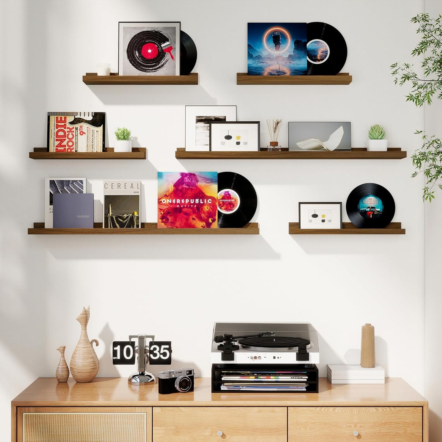 Axeman Picture Ledge Shelf, Floating Shelves for Wall Decor Storage Set of 6, 48 inch Floating Wall Mounted Shelves, Wall Shelves with Lip for Living Room, Bedroom, Nursery, Bathroom, Kitchen, Walnut