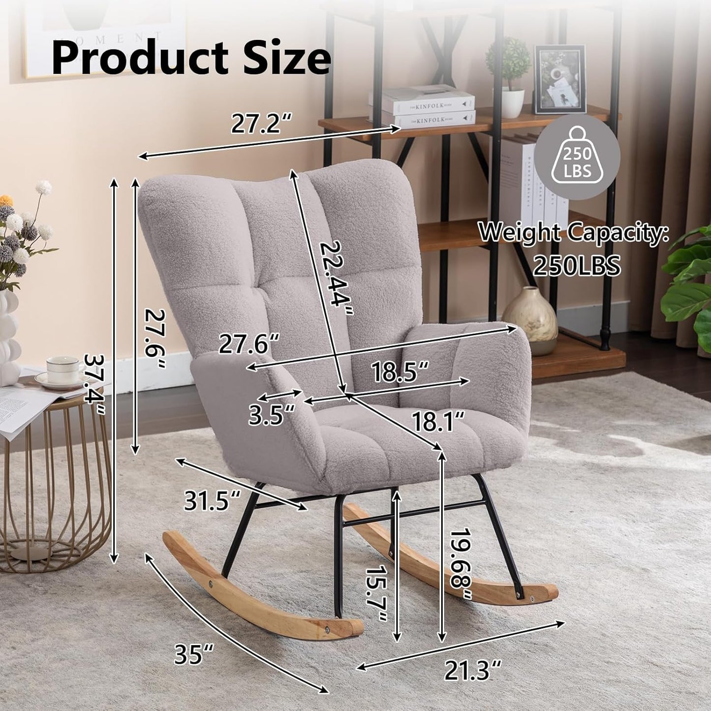 NIOIIKIT Nursery Rocking Chair Velvet Upholstered Glider Rocker Rocking Accent Chair Padded Seat with High Backrest Armchair Comfy Side Chair for Living Room Bedroom Offices (Light Gray)