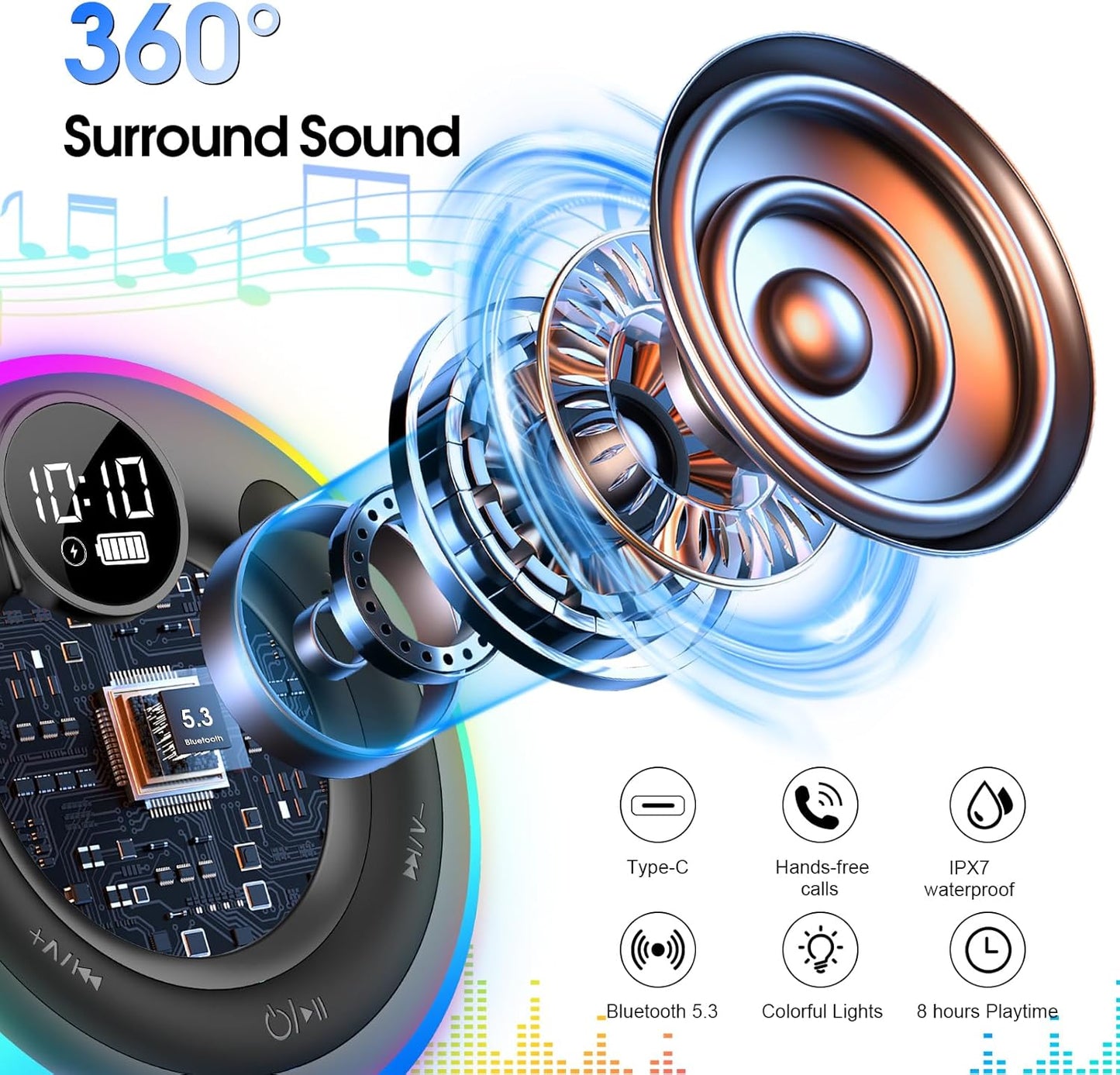 Bluetooth Speaker, HD Stereo Sound Shower Speaker, IPX7 Waterproof, Digital Display Portable with Suction Cup, LED Light, Small Wireless for Outdoor Party Beach Bathroom, Black