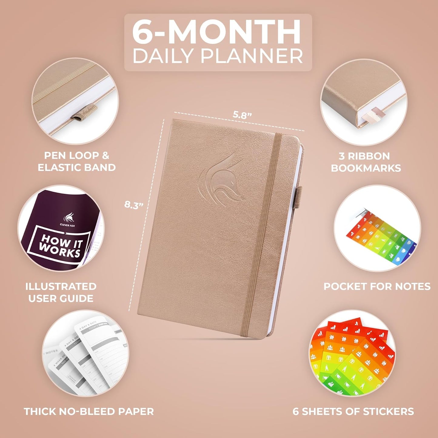 Clever Fox Daily Planner – Undated Planning Notebook with Hourly Schedule & To-Do List – Personal Day Task & Work Organizer, 6 Months (Pearl)