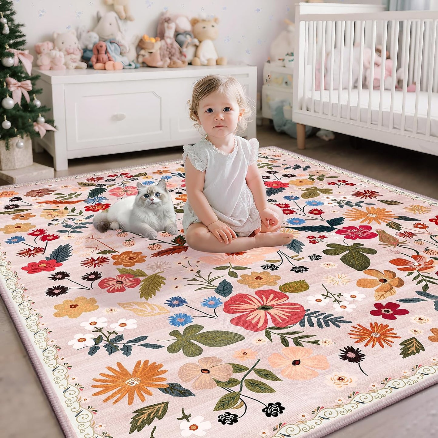 Boho Floral Area Rugs 5x7 Soft Washable Stain Resistant Indoor Floor Carpet Rug Vintage Beige Low Pile Non Slip Rug Spring Farmhouse for Living Room Bedroom Dining Room Playroom Nursery Family Room