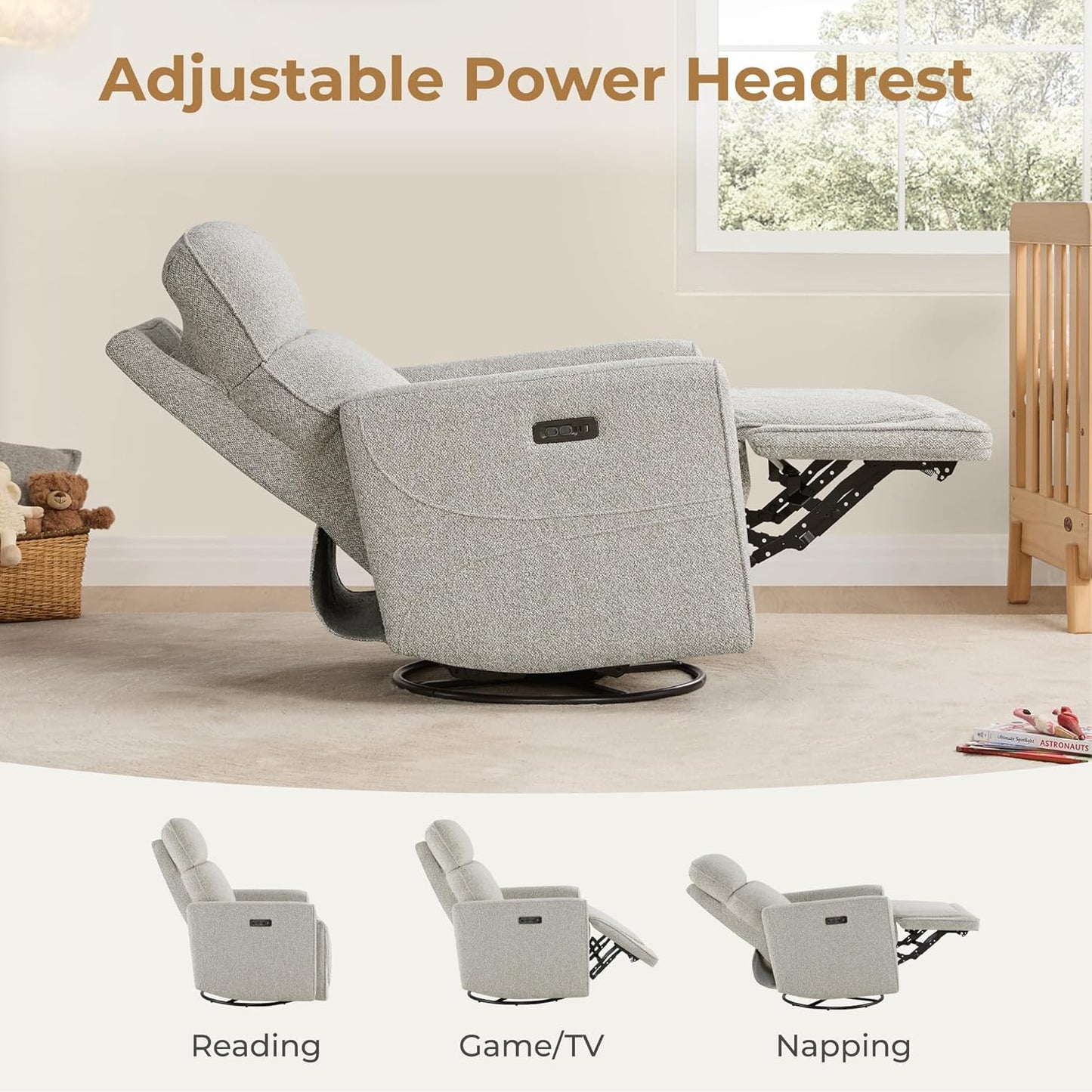 CHITA Electronic Power Recliner Chair Swivel Glider, FSC Certified Modern Nursery Rocking Chair with USB and Type-C Ports, Light Grey