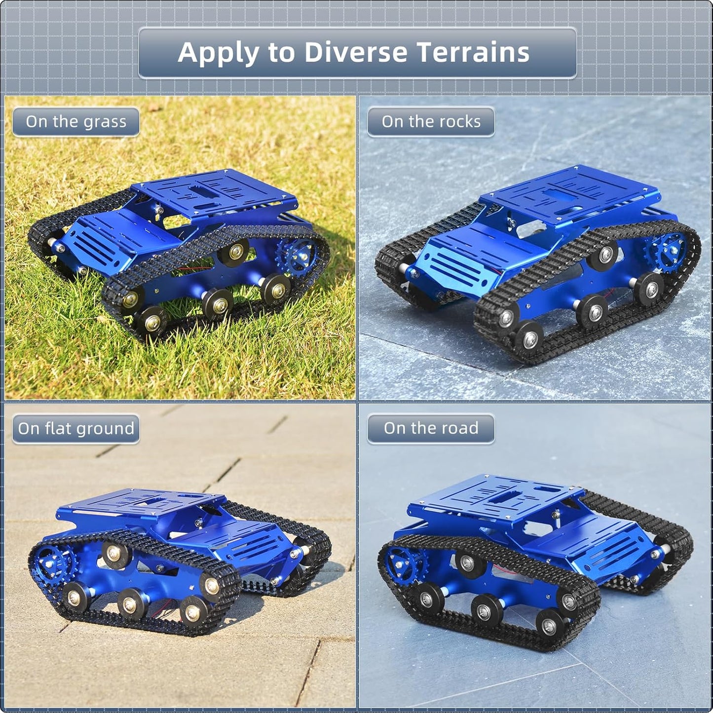 Tank Car Chassis with Motor, Shock Absorbing Robot Chassis Full-Metal Robotic Moving Platform Track Chassis for RaspberryPi Arduino DIY Maker Smart Robot Car Chassis Kit (Blue, With Encoder motor)