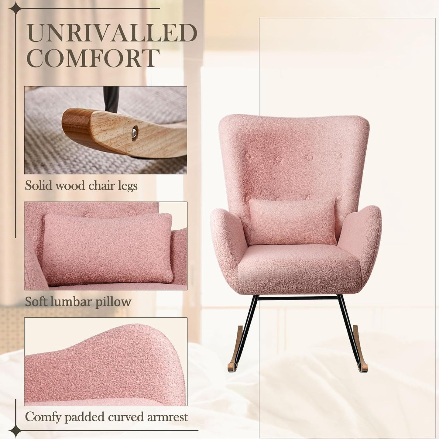 Waleaf Rocking Chair Nursery, Teddy Upholstered Rocking Chair Indoor with High Backrest Glider Accent Chair, Padded Seat Nursing Comfy Chairs for Bedroom (Pink)