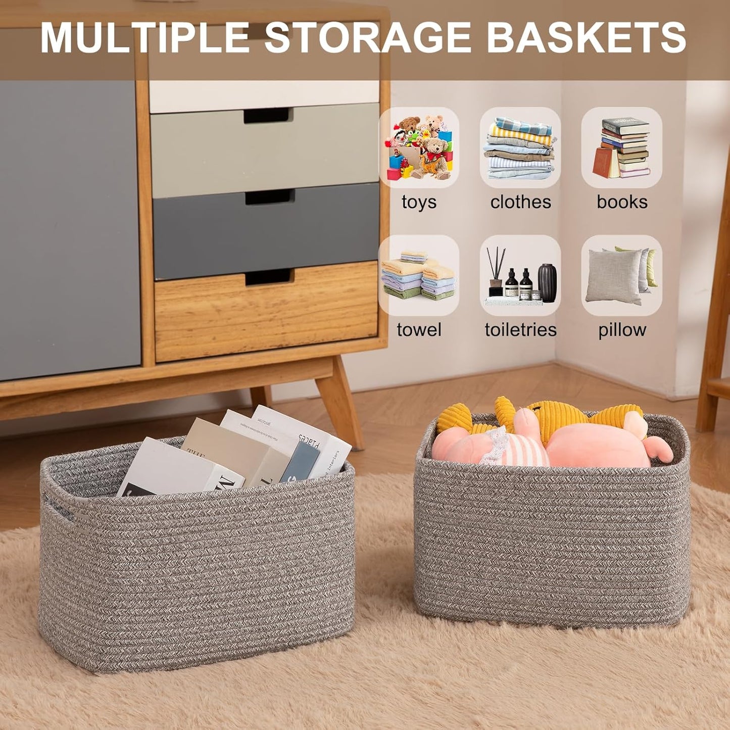 Storage Baskets for Organizing, Woven Decorative Baskets for Shelves - Books, Towels, and Clothes, Cotton Rope Toy Storage Bins, 12.7''Lx9''Wx7.8''H, Pack of 4, Grey