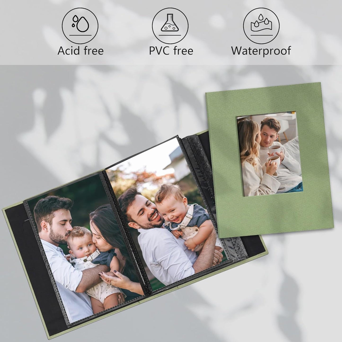 Small 4x6 Photo Album 100 Pockets Linen Cover with Front Window Portable Mini Picture Book for Family Travel Wedding and Memory Keepsake Organizer Gray Green