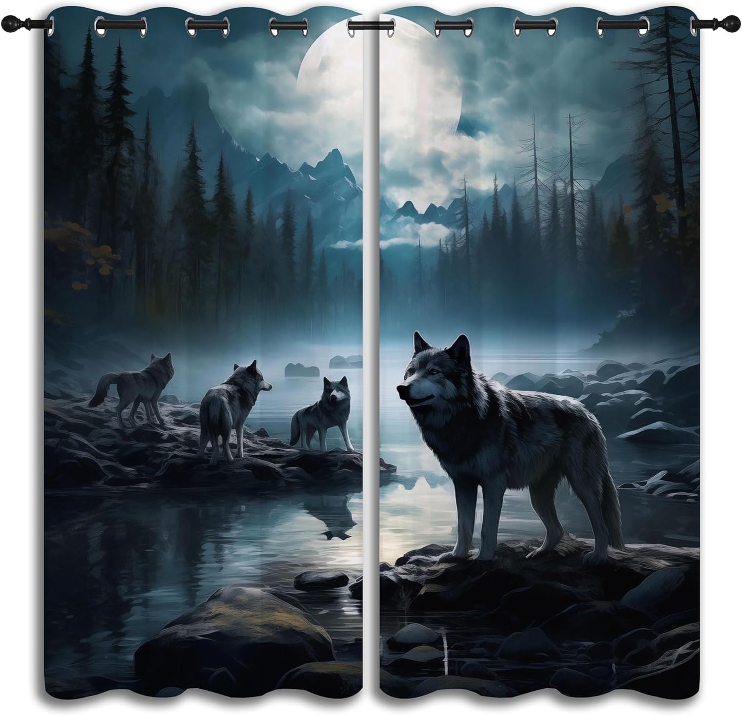 Wolf Blackout Curtains for Boys Girl Bedroom Decor,Dreamy Forest Full Moon Wolf Pack Thermal Insulated Grommet Drapes Darkening Window Curtain for Living Room Home 84x63 inch